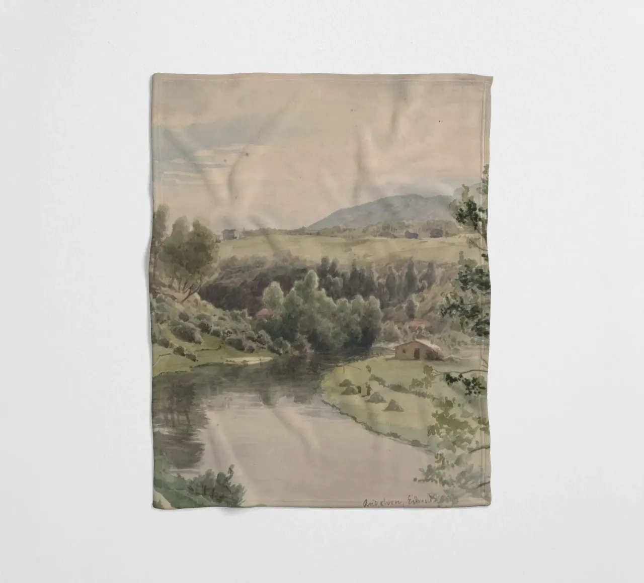 Paesaggio sereno della valle del fiume - Acquerello d'epoca coperta in pile da ClubArt