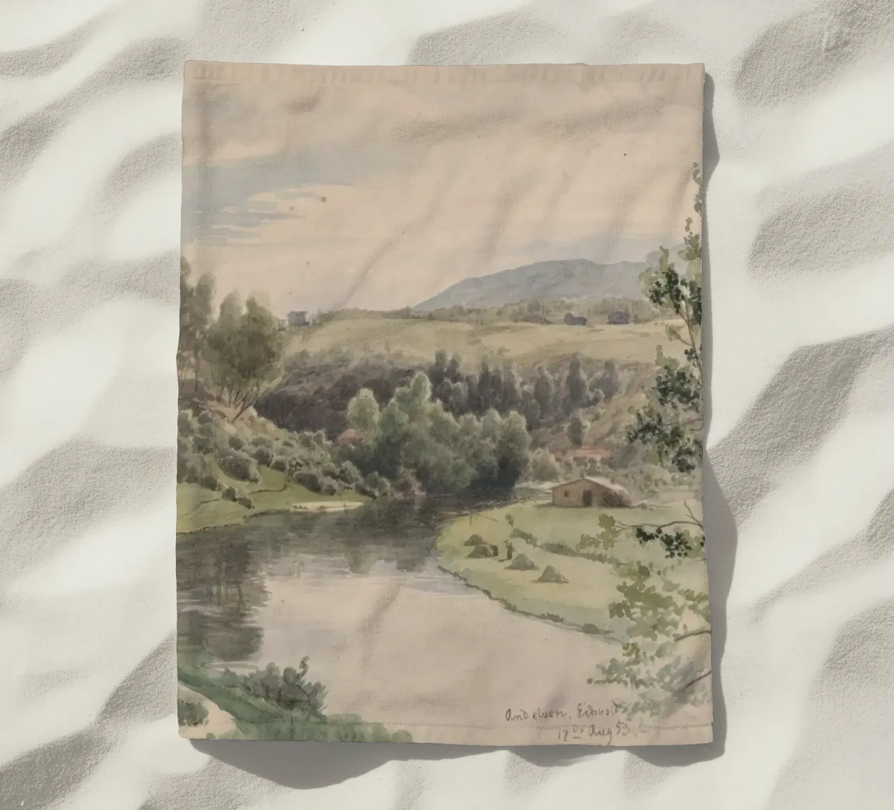 Paesaggio sereno della valle del fiume - Acquerello d'epoca telo mare da ClubArt