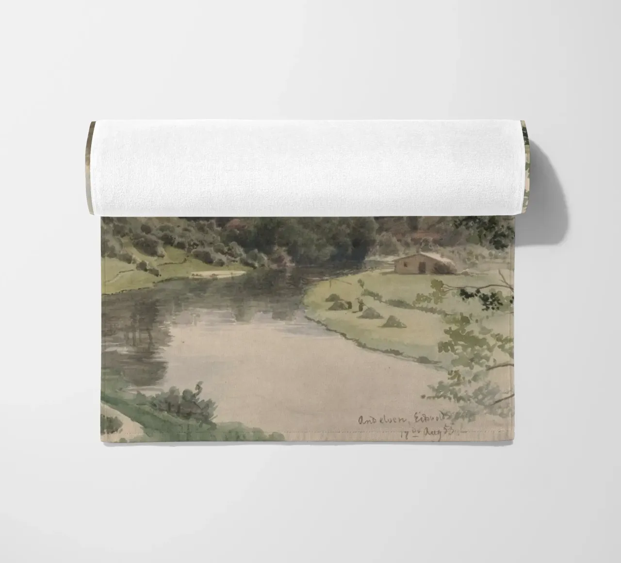 Paesaggio sereno della valle del fiume - Acquerello d'epoca telo mare da ClubArt