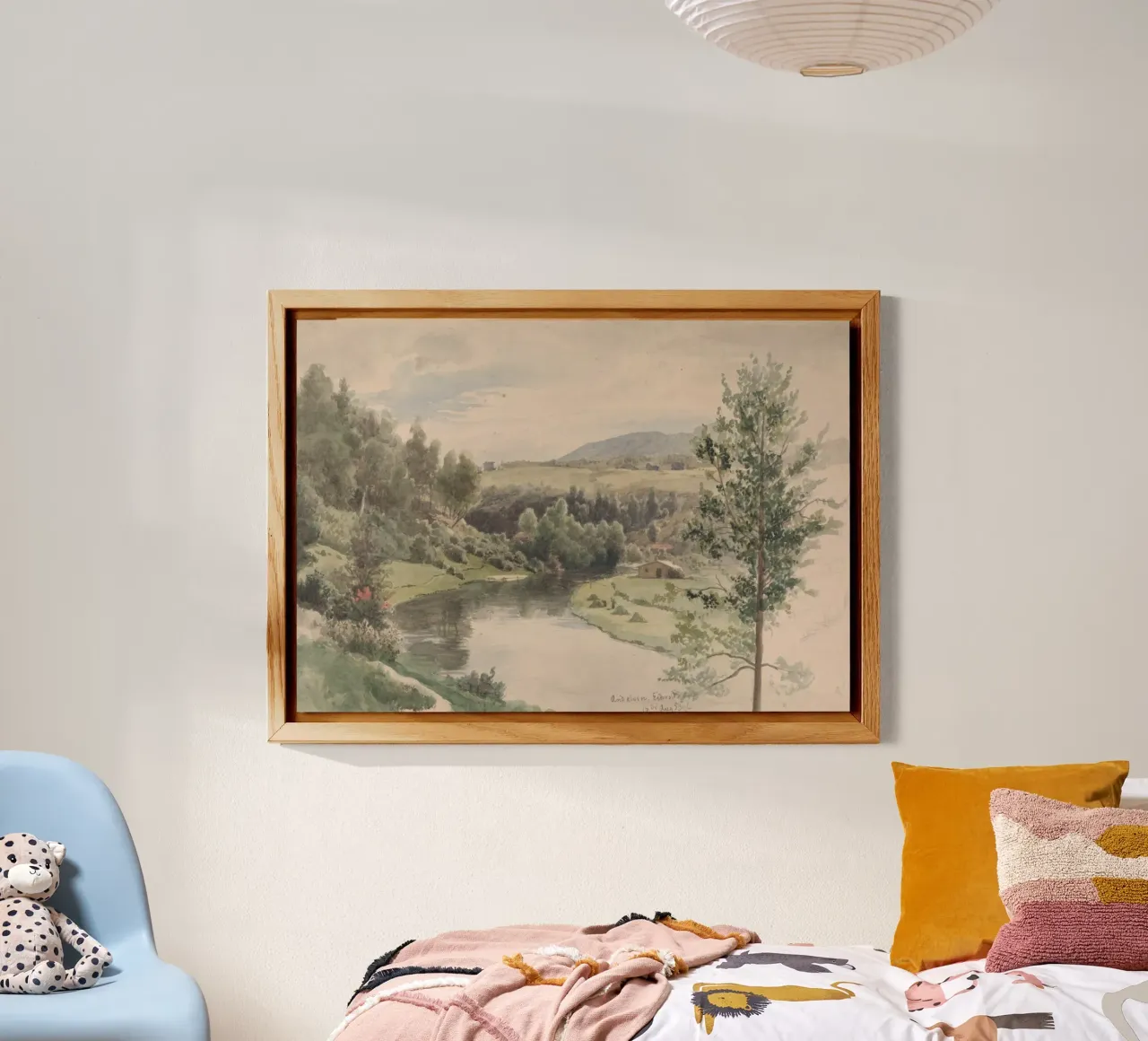 Paesaggio sereno della valle del fiume - Acquerello d'epoca alluminio dibond da ClubArt