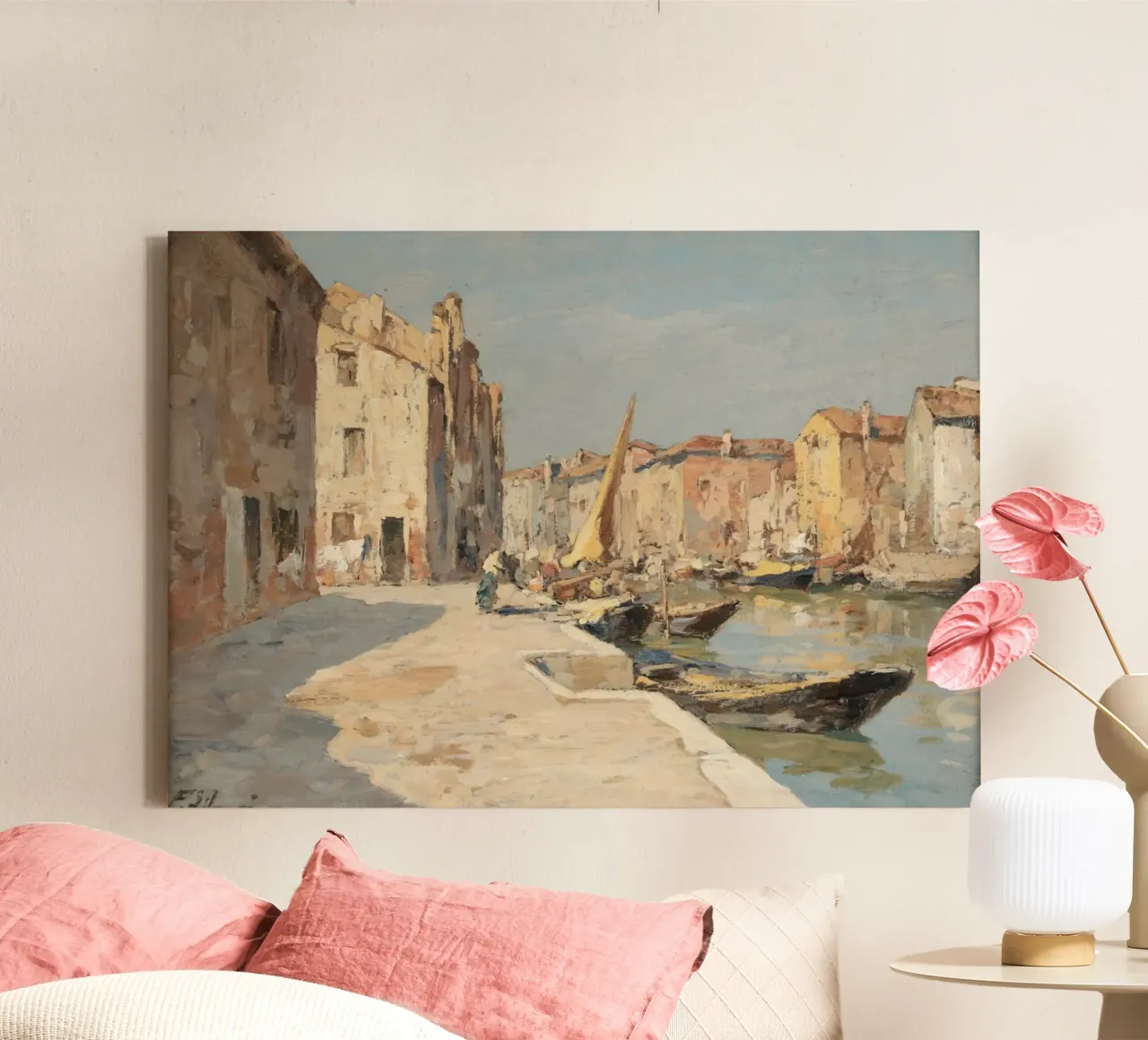 Venetian Canal Scene - Impressionist Cityscape Art Print canvas with Floater frame by ClubArt
