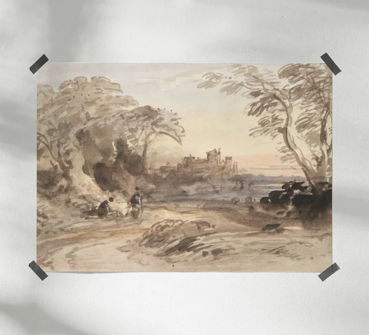 Paesaggio di rovine di un antico castello - Acquerello di epoca romantica poster con telaio in legno da ClubArt