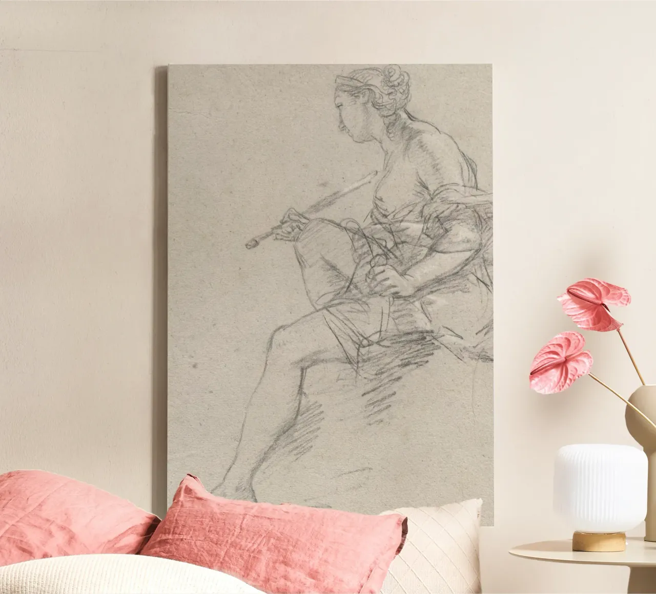 Renaissance schets: Studie naakte vrouw met fluit canvas met Baklijst van ClubArt