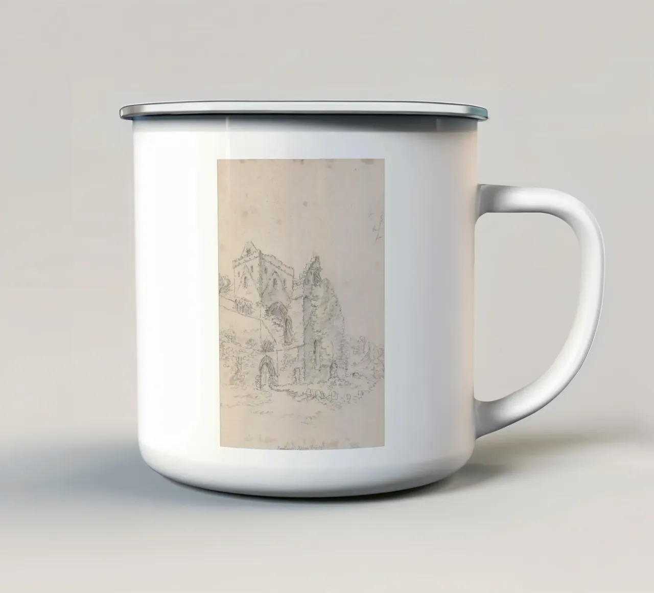 Ruïnes van de abdij van Swineshead: Historische architectuurschets emaille mok van ClubArt