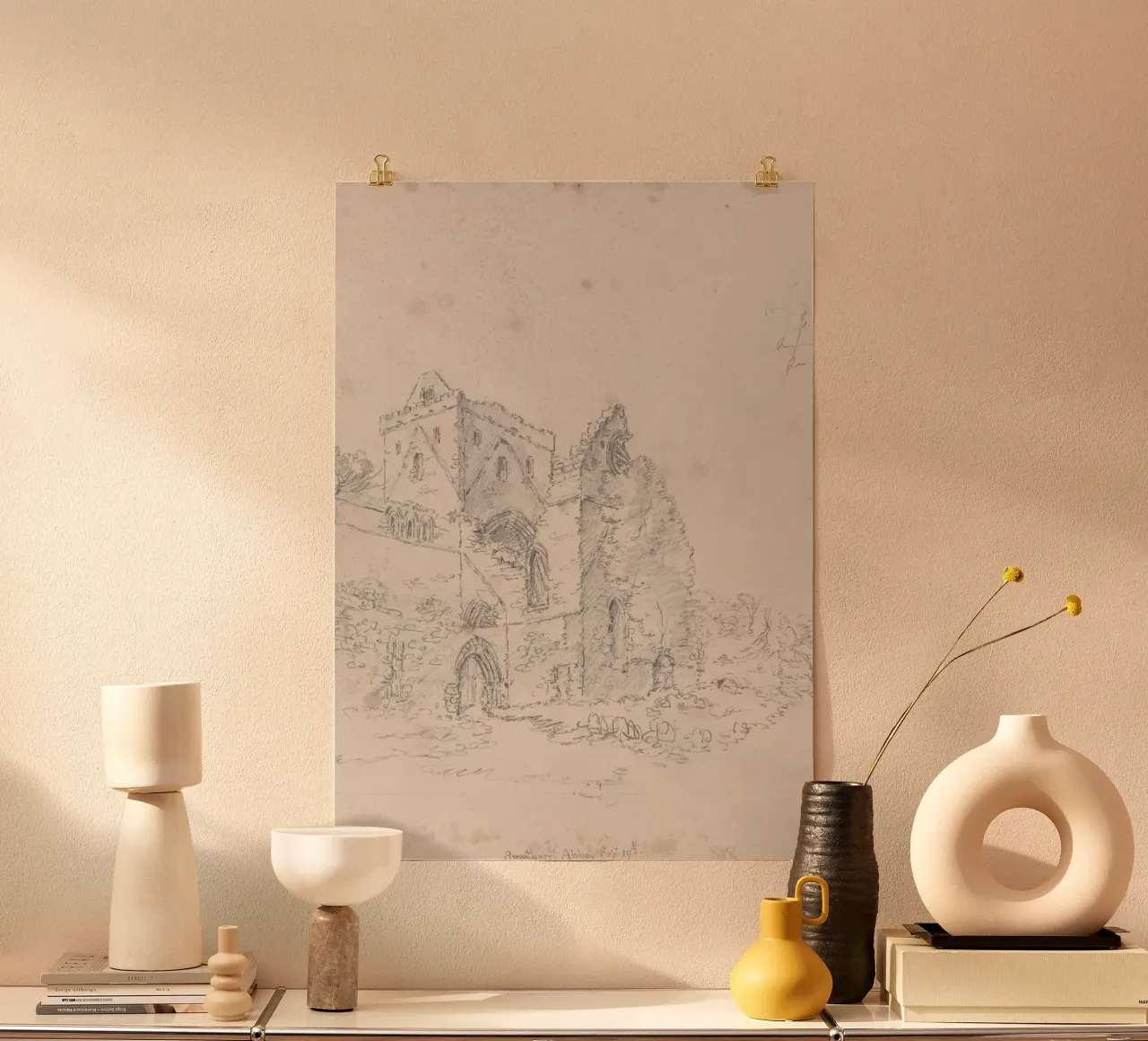 Ruïnes van de abdij van Swineshead: Historische architectuurschets poster met houten frame van ClubArt