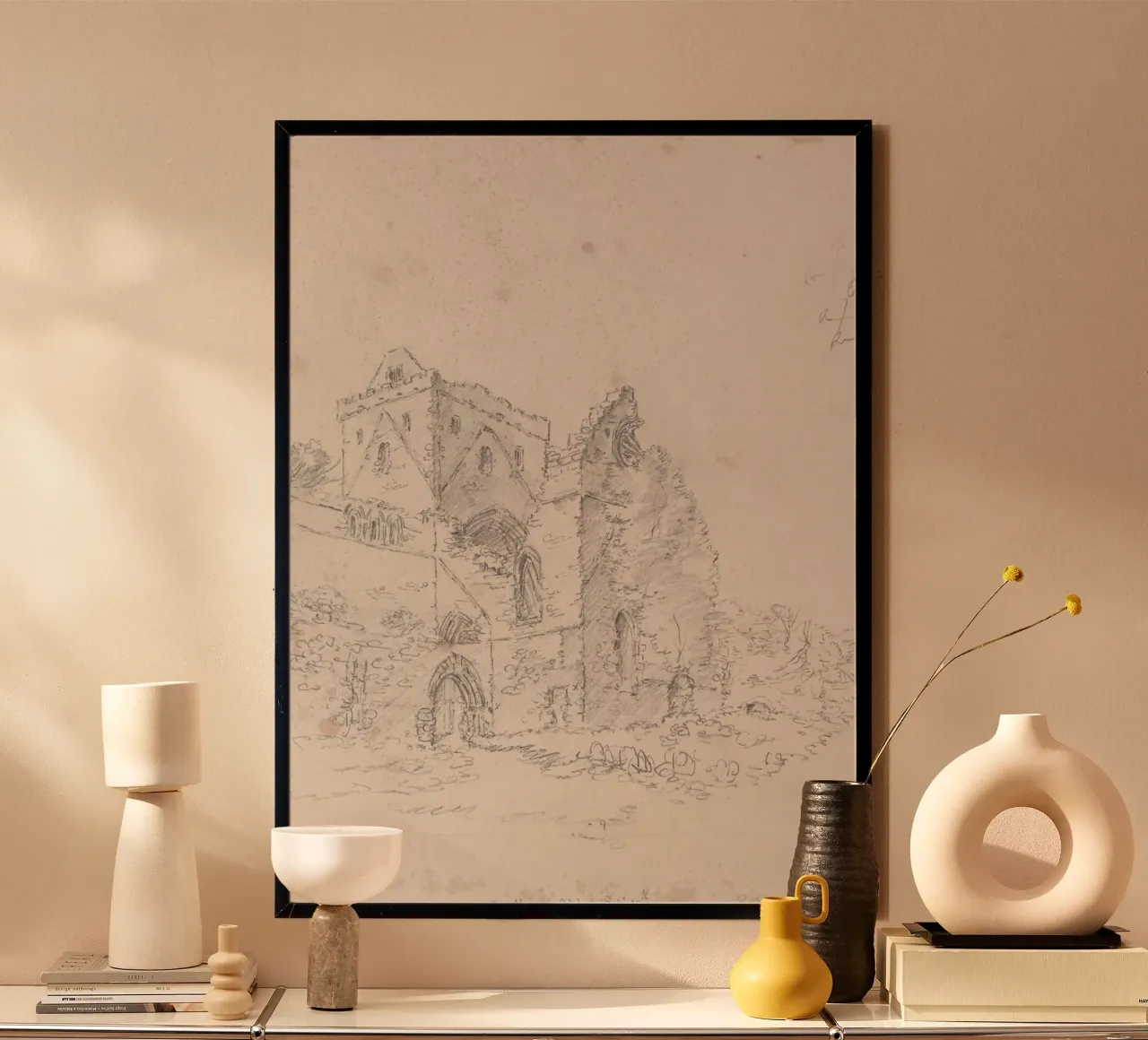Ruïnes van de abdij van Swineshead: Historische architectuurschets poster met houten frame van ClubArt