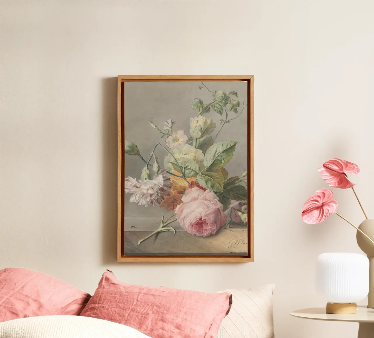 Bloemstilleven met dauwdruppels uit de Gouden Eeuw canvas met Baklijst van ClubArt