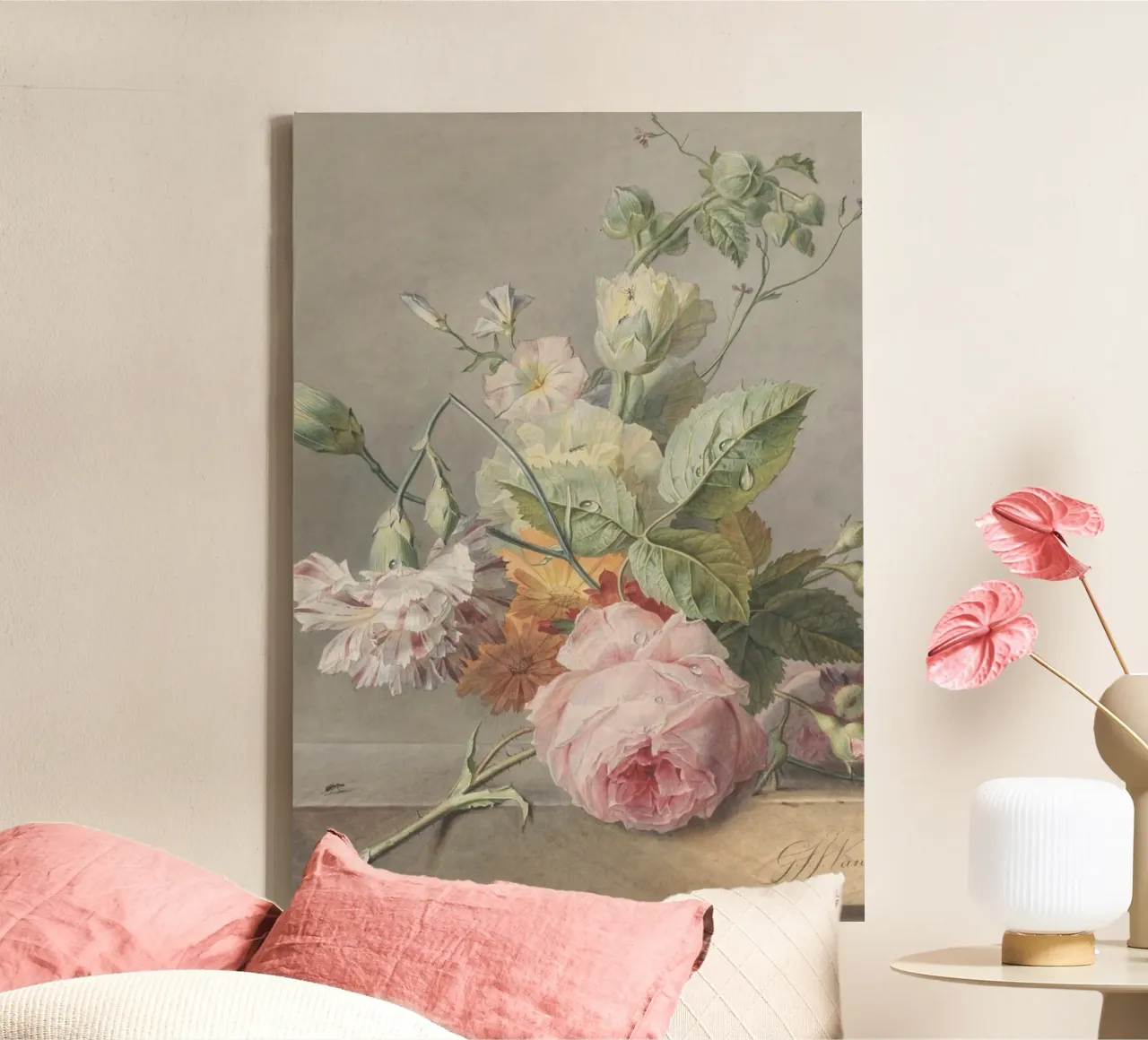 Bloemstilleven met dauwdruppels uit de Gouden Eeuw canvas met Baklijst van ClubArt