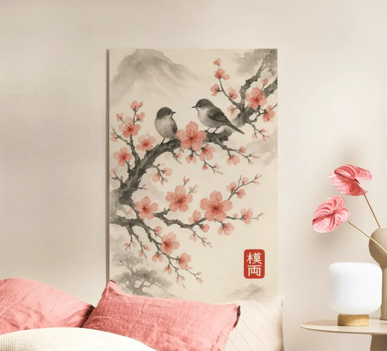 Cerezos en flor y pájaros en estilo sumi-e japonés metacrilato de Moqro Home Decoration