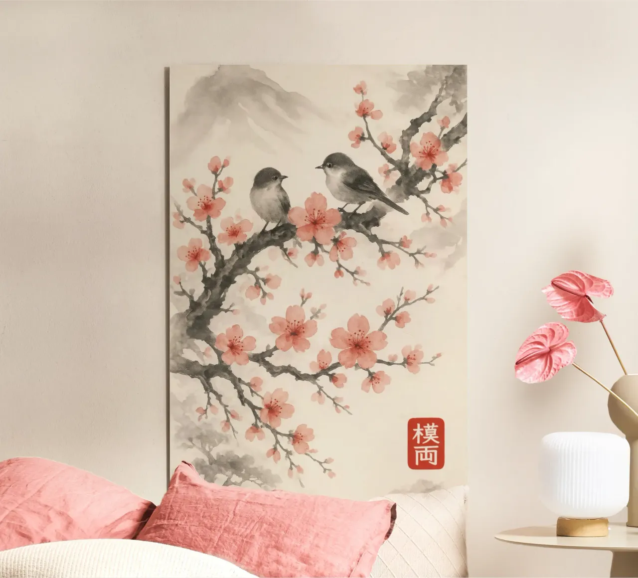 Fiori di ciliegio e uccelli in stile sumi-e giapponese alluminio dibond da Moqro Home Decoration