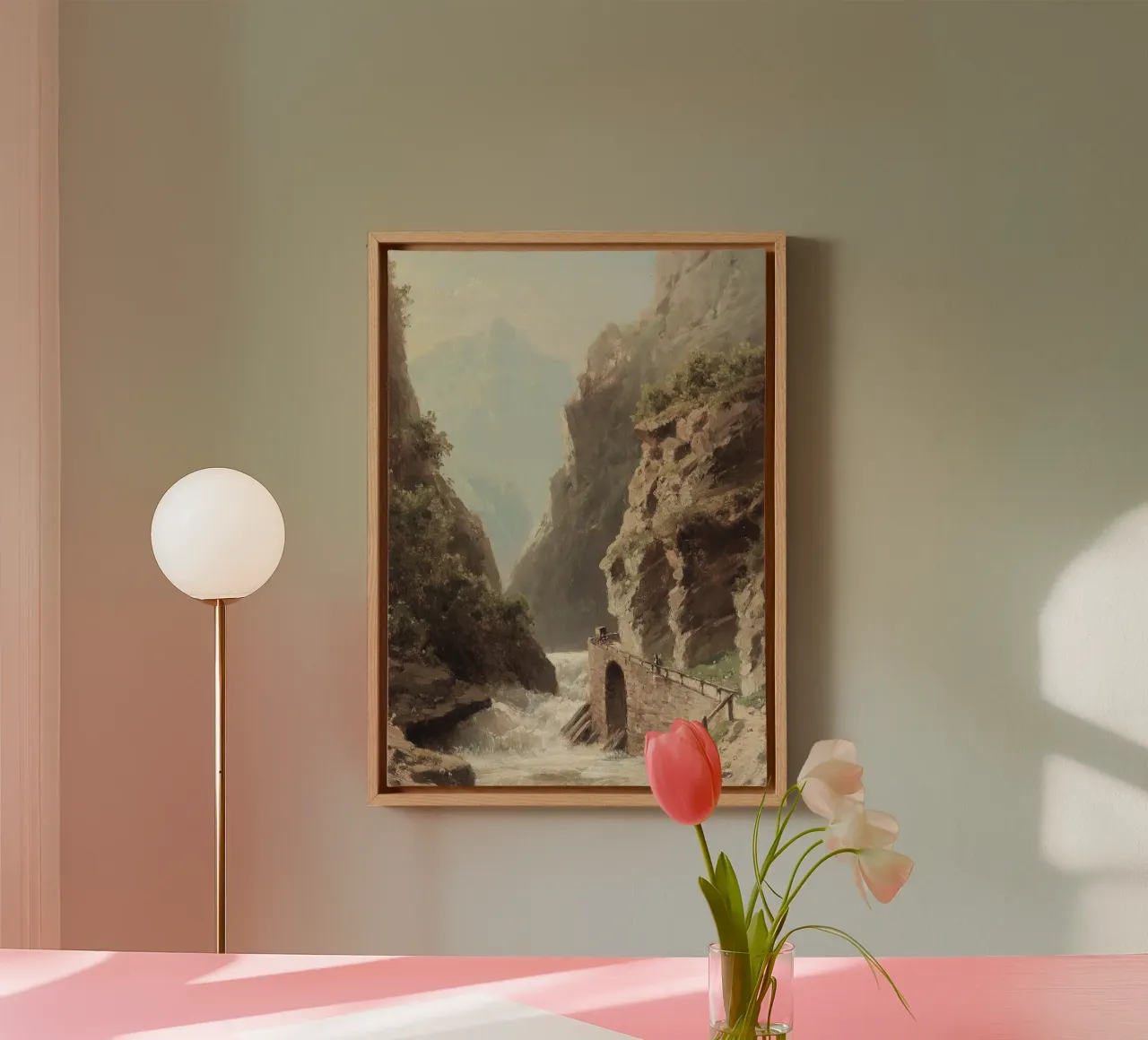 Romantiek Kunst: Alpenkloof Landschap met figuren canvas met Baklijst van ClubArt