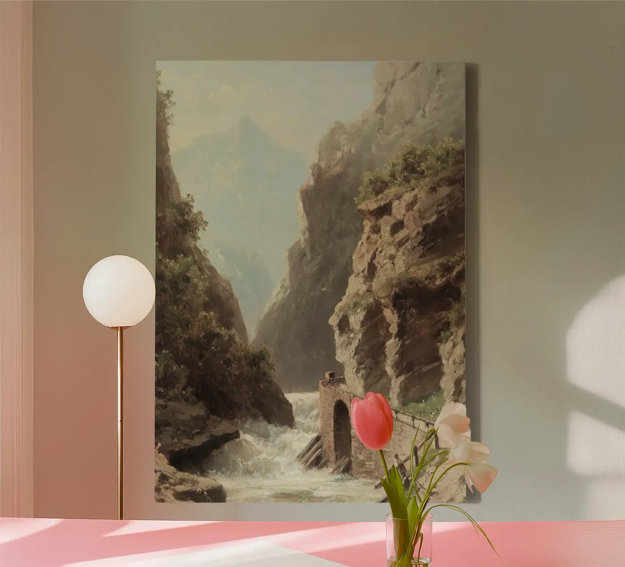 Romantiek Kunst: Alpenkloof Landschap met figuren canvas met Baklijst van ClubArt