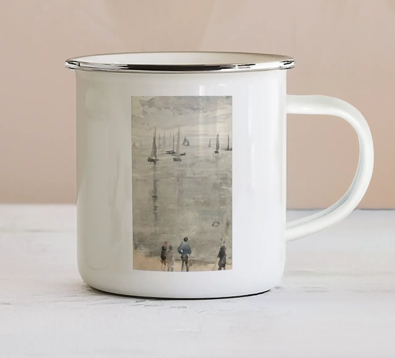 Paesaggio marino impressionista: Barche a vela e figure nella nebbia tazza in smalto da ClubArt
