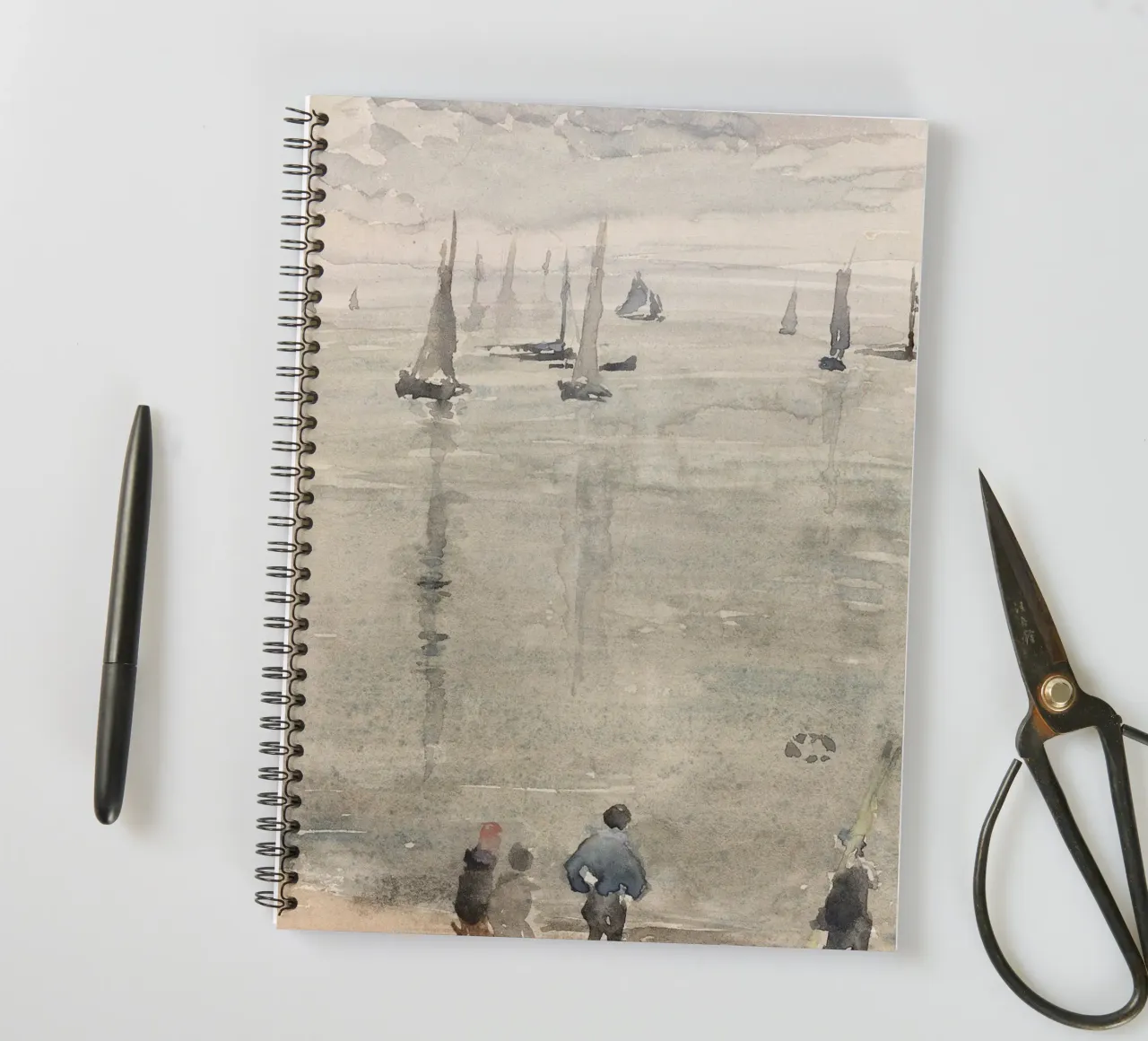 Impressionistic Seascape: Sailboats & Figures in Mist spiral notebook by ClubArt