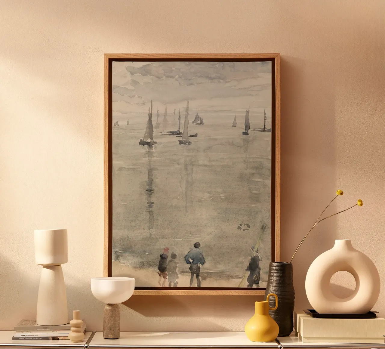 Impressionistic Seascape: Sailboats & Figures in Mist canvas by ClubArt