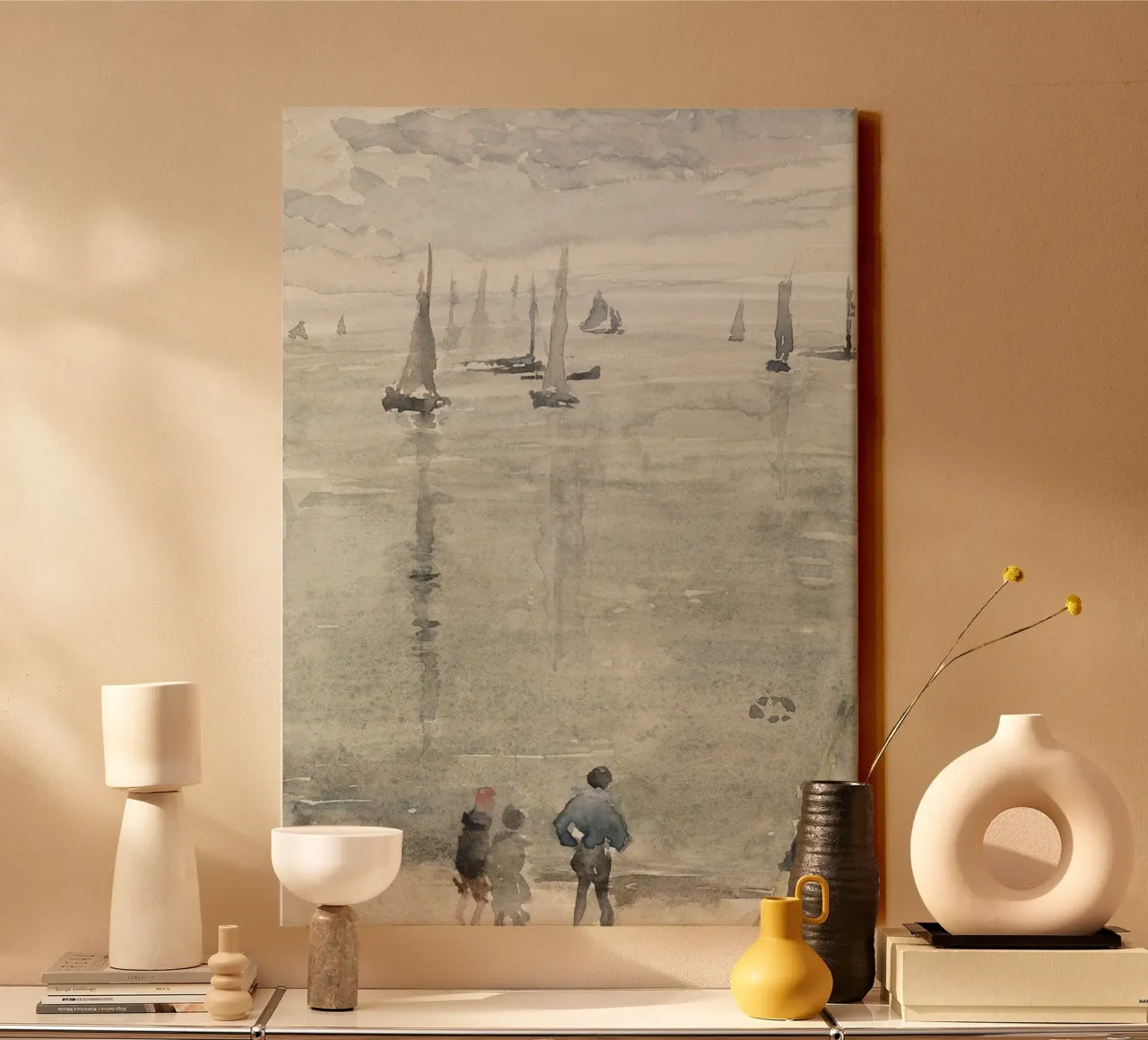 Impressionistic Seascape: Sailboats & Figures in Mist canvas by ClubArt