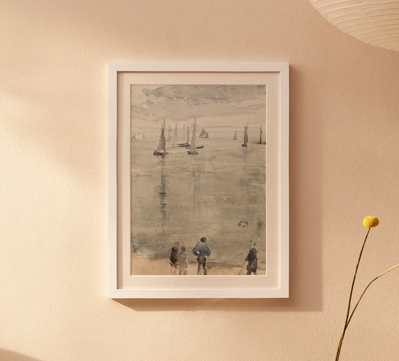 Paesaggio marino impressionista: Barche a vela e figure nella nebbia poster da ClubArt
