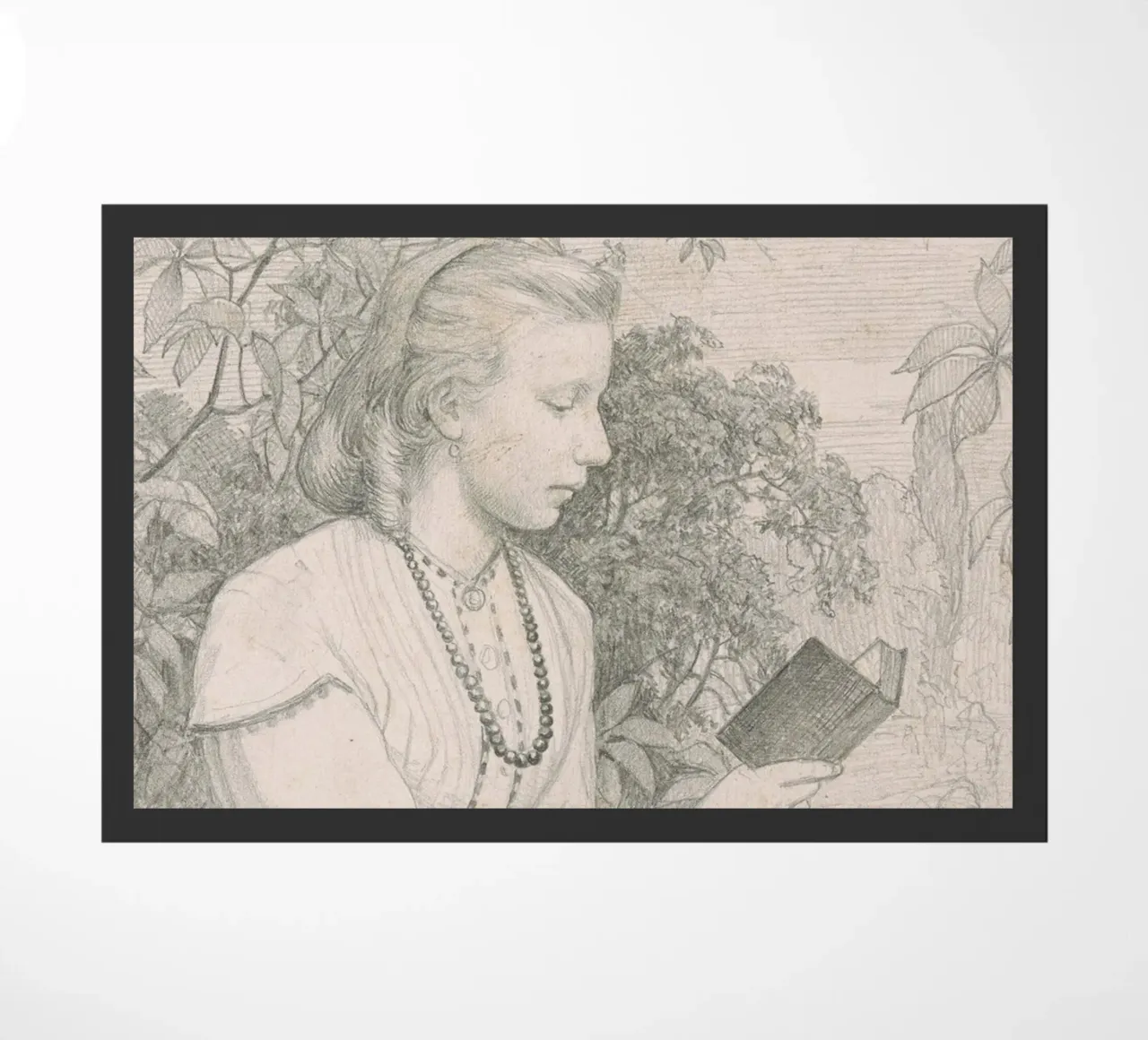 Victorian Sketch: Girl Reading in Garden Setting doormat by ClubArt