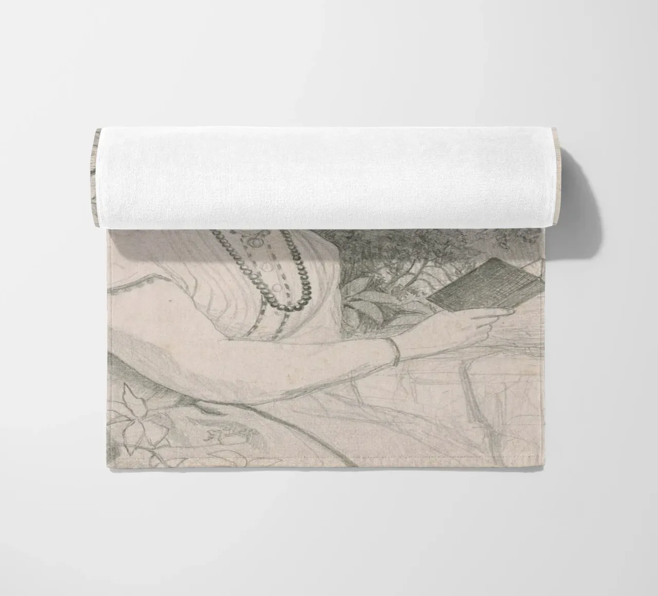 Victorian Sketch: Girl Reading in Garden Setting beach towel by ClubArt
