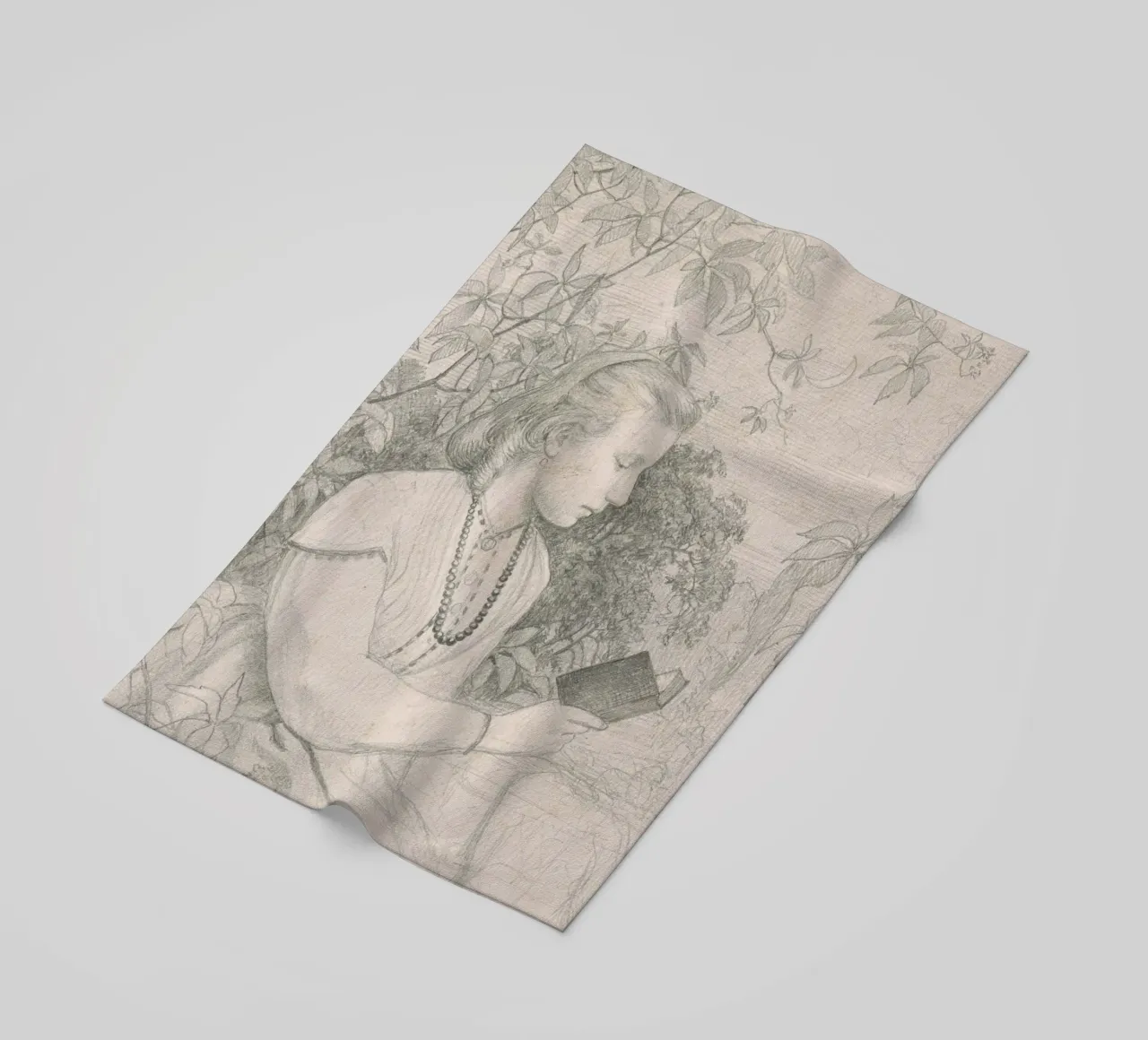 Victorian Sketch: Girl Reading in Garden Setting beach towel by ClubArt