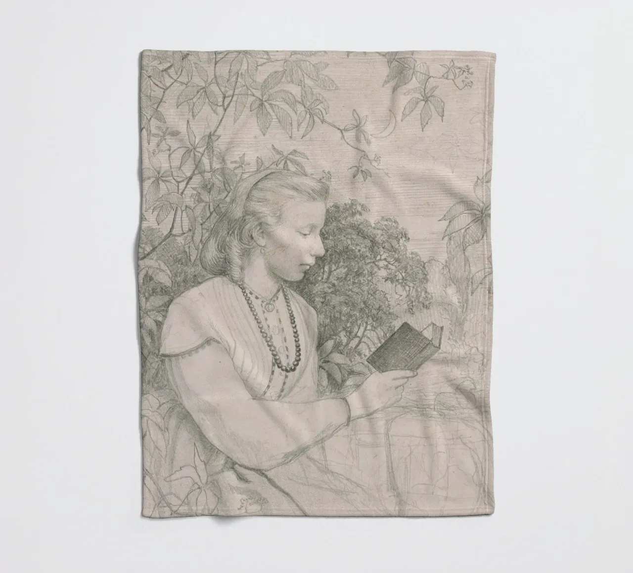 Victorian Sketch: Girl Reading in Garden Setting fleece blanket by ClubArt