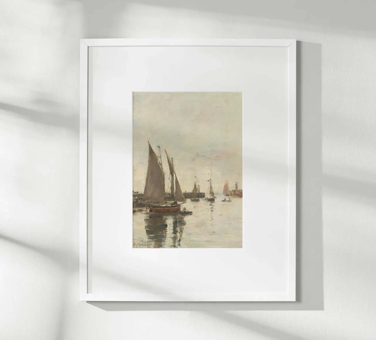 Eugène Boudin Zeegezicht: Havenboten bij zonsondergang poster met houten frame van ClubArt