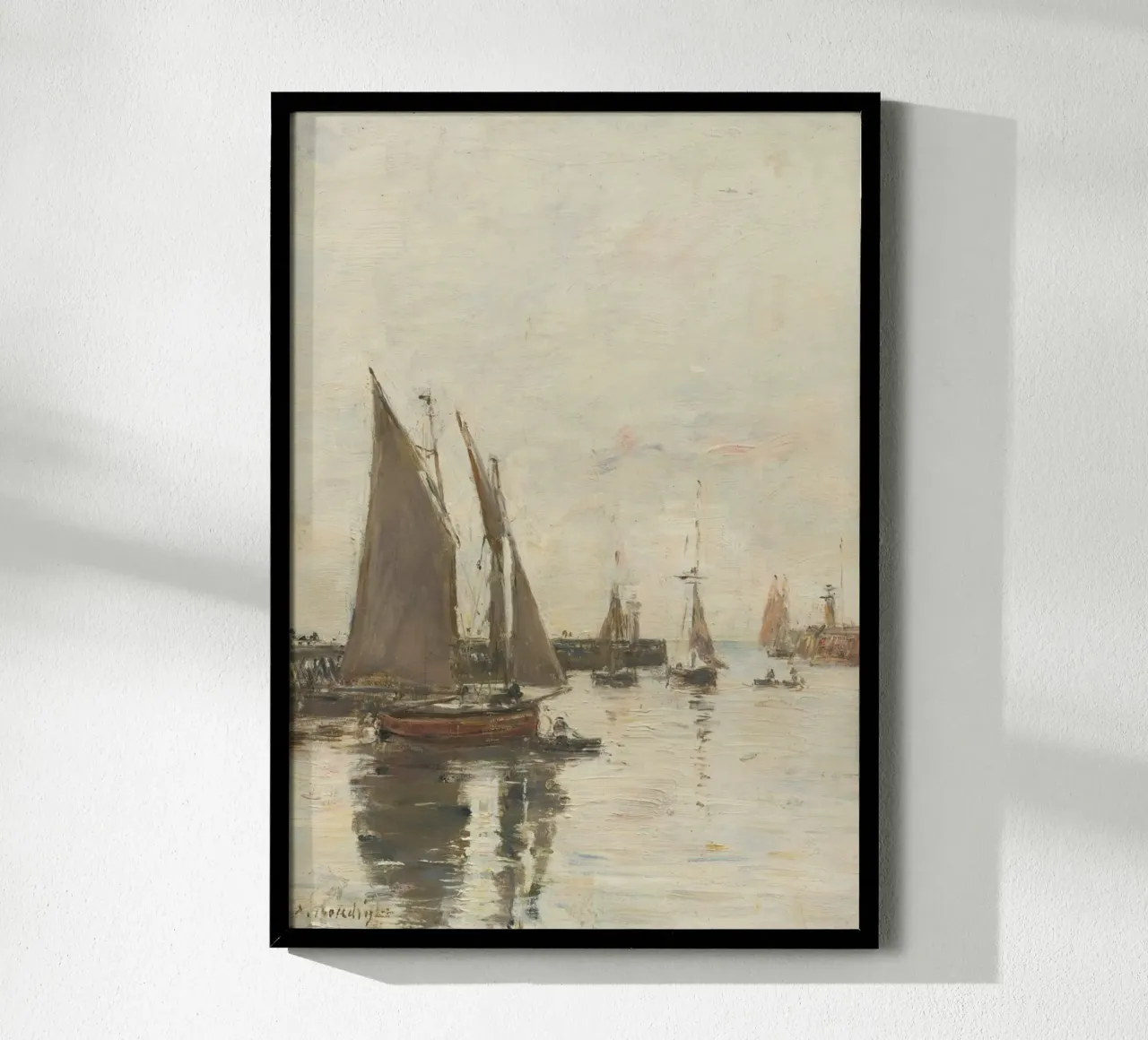 Eugène Boudin Zeegezicht: Havenboten bij zonsondergang poster met houten frame van ClubArt