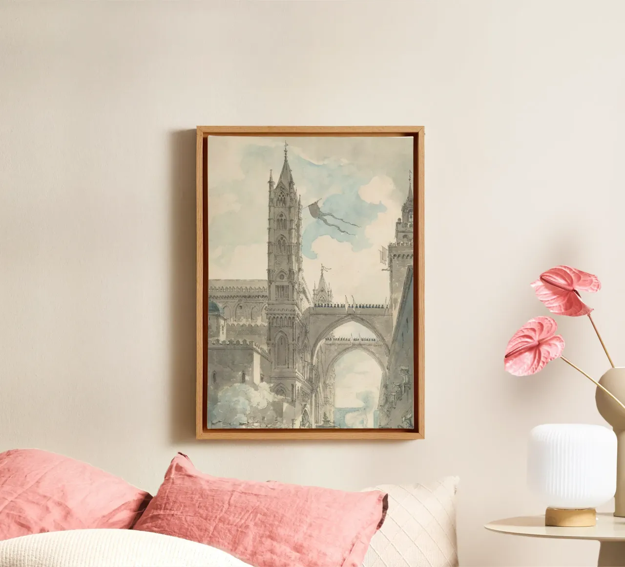 Palermo Cathedral: Gothic Architecture Watercolor Sketch canvas with Floater frame by ClubArt