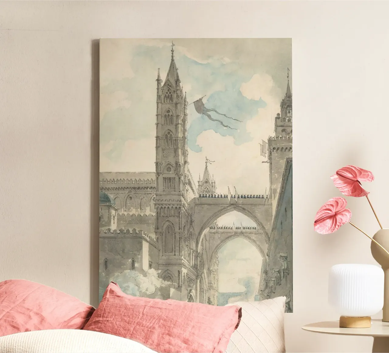 Palermo Cathedral: Gothic Architecture Watercolor Sketch canvas with Floater frame by ClubArt
