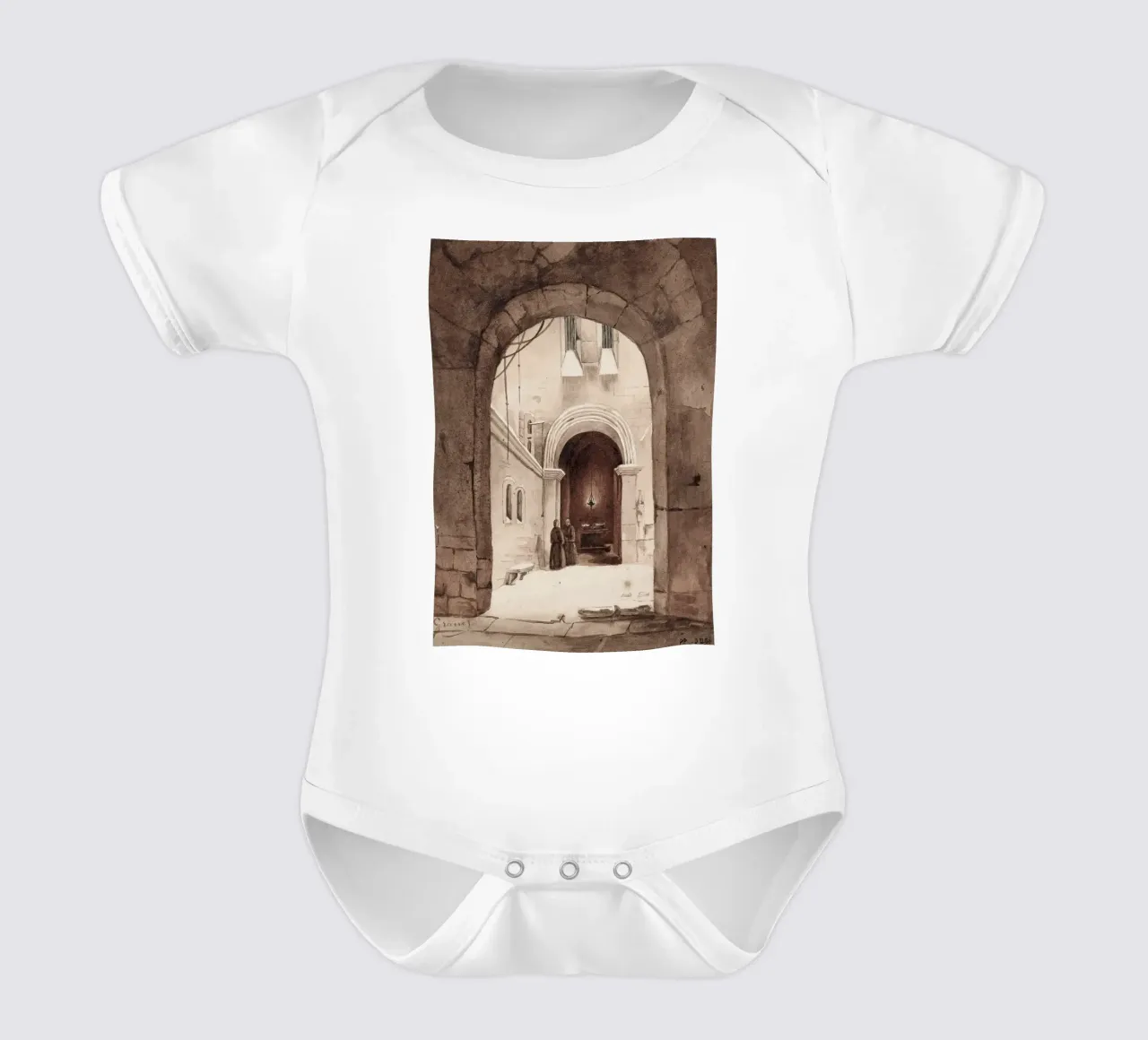 Vita monastica: Cortile ad arco con monaci che disegnano body neonato maniche corte da ClubArt