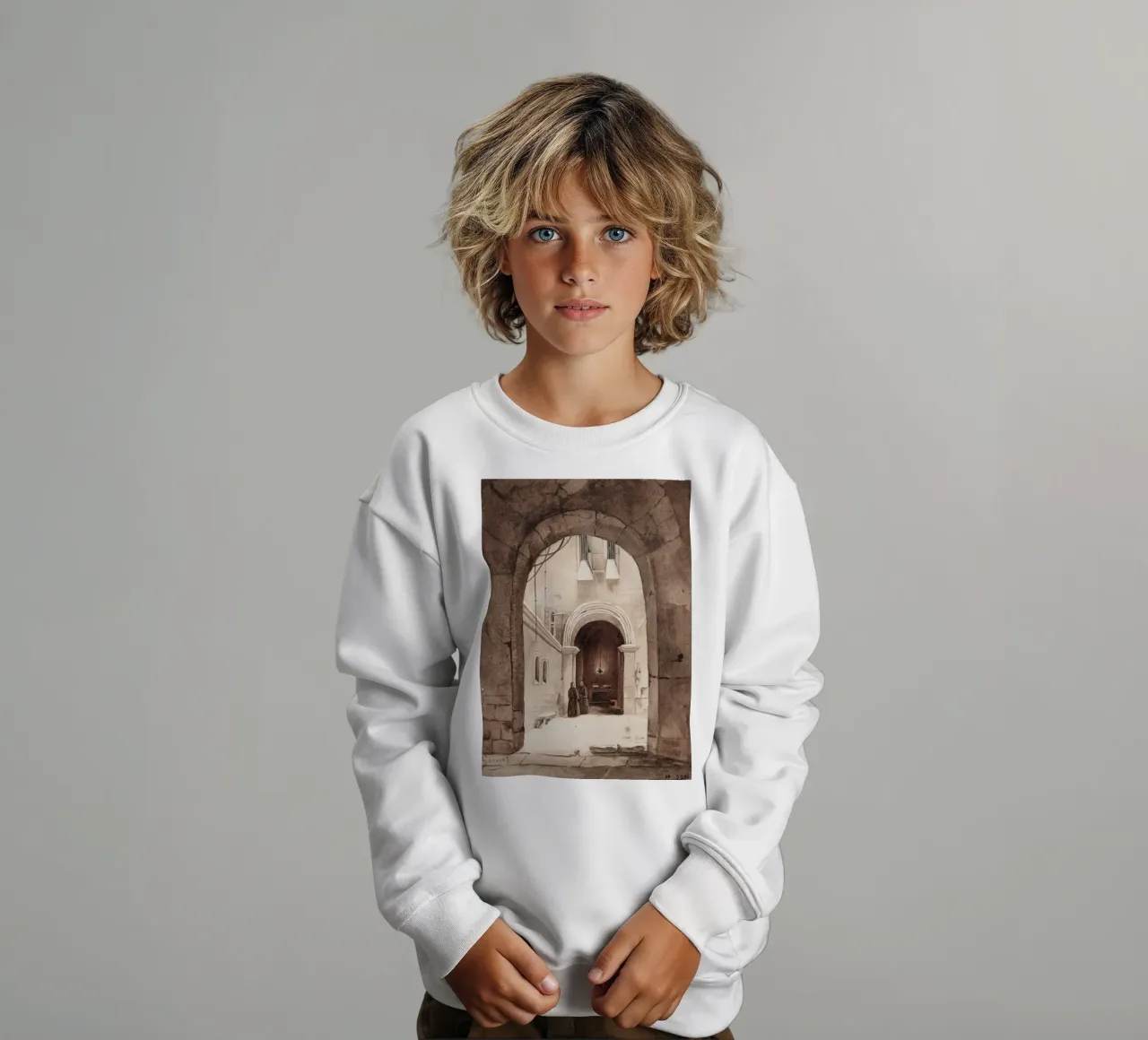 Vita monastica: Cortile ad arco con monaci che disegnano felpa bambino da ClubArt