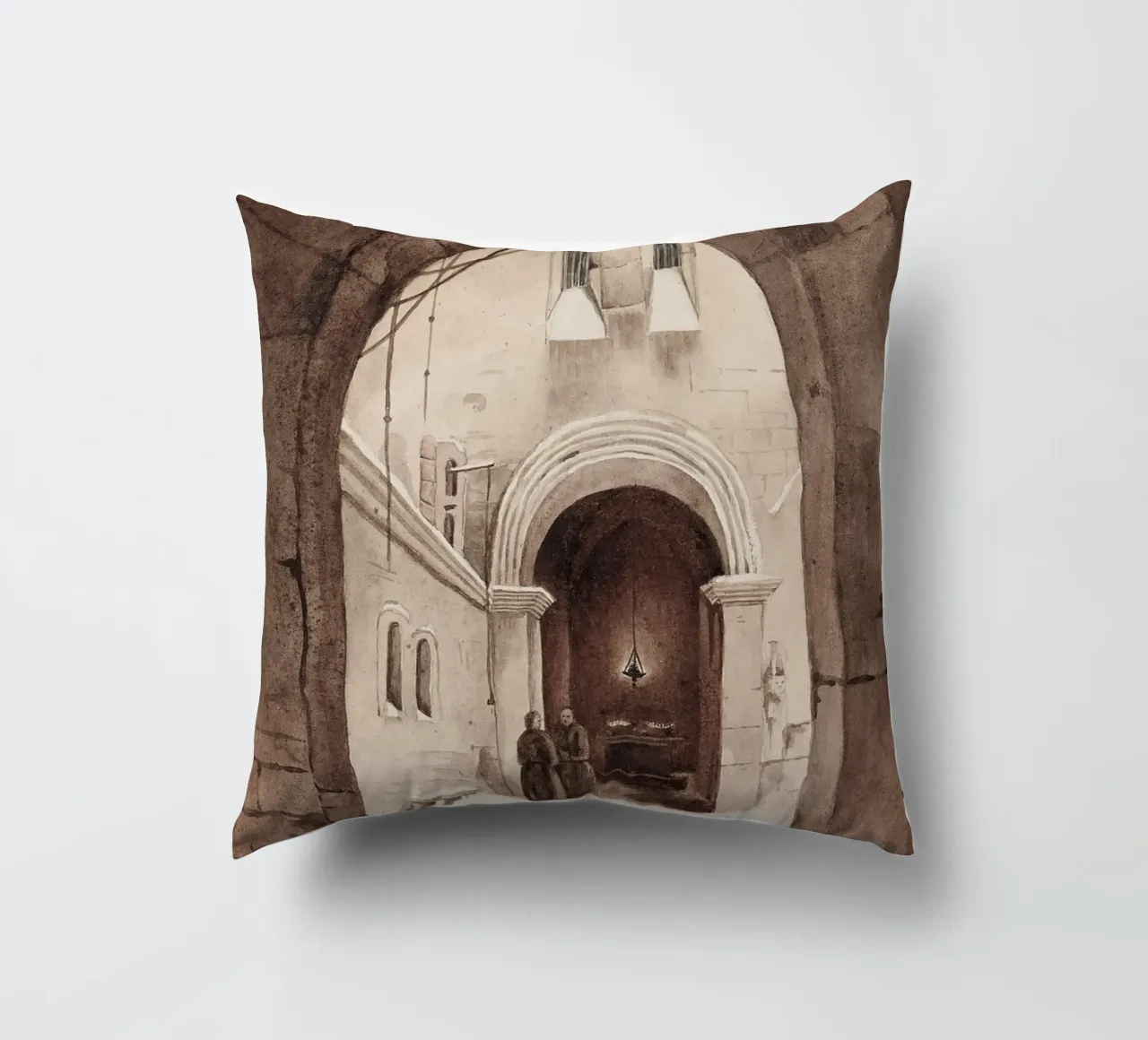 Vita monastica: Cortile ad arco con monaci che disegnano cuscino da ClubArt