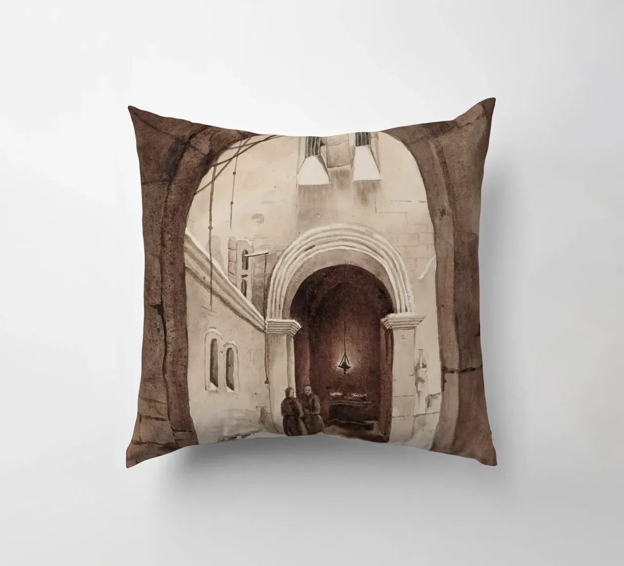 Vita monastica: Cortile ad arco con monaci che disegnano cuscino da ClubArt