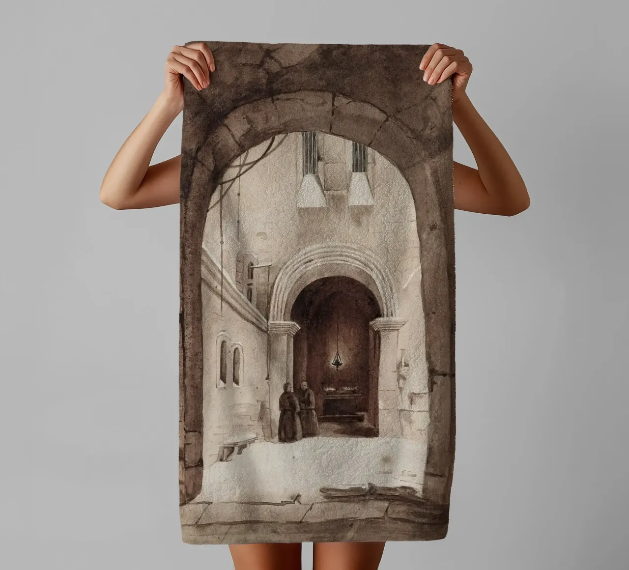 Vie monastique : Cour voûtée avec des moines en train de dessiner serviette de bain de ClubArt