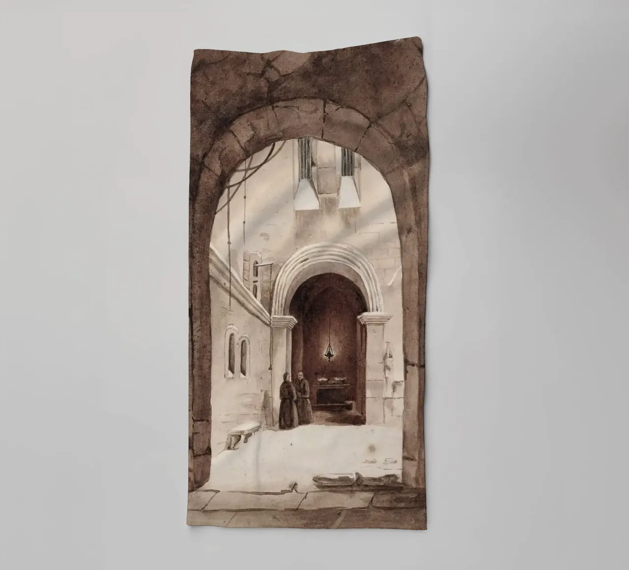 Vie monastique : Cour voûtée avec des moines en train de dessiner serviette de bain de ClubArt