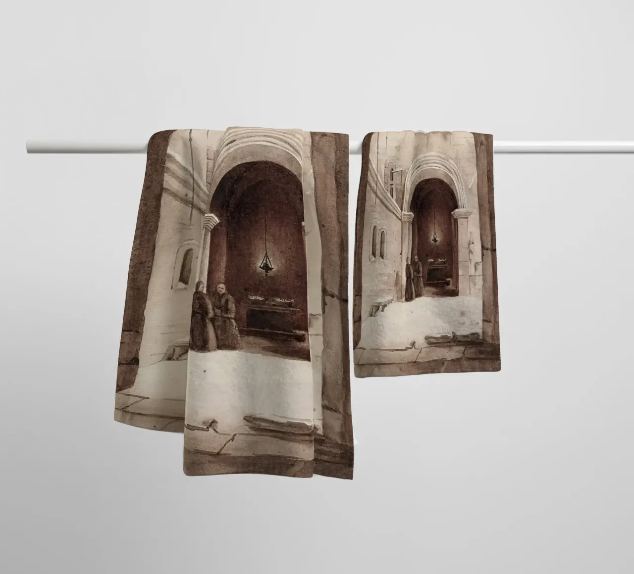 Vie monastique : Cour voûtée avec des moines en train de dessiner serviette de bain de ClubArt