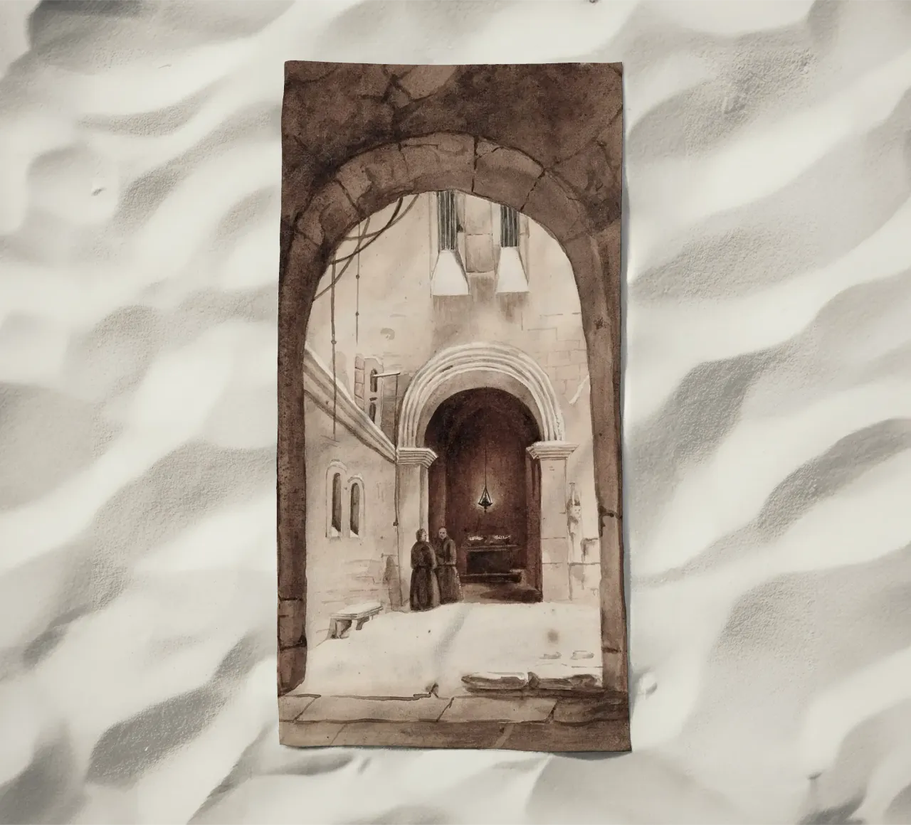 Vita monastica: Cortile ad arco con monaci che disegnano telo mare da ClubArt