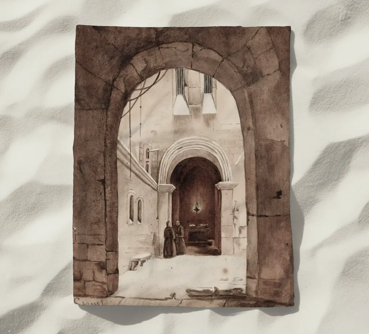 Vita monastica: Cortile ad arco con monaci che disegnano telo mare da ClubArt