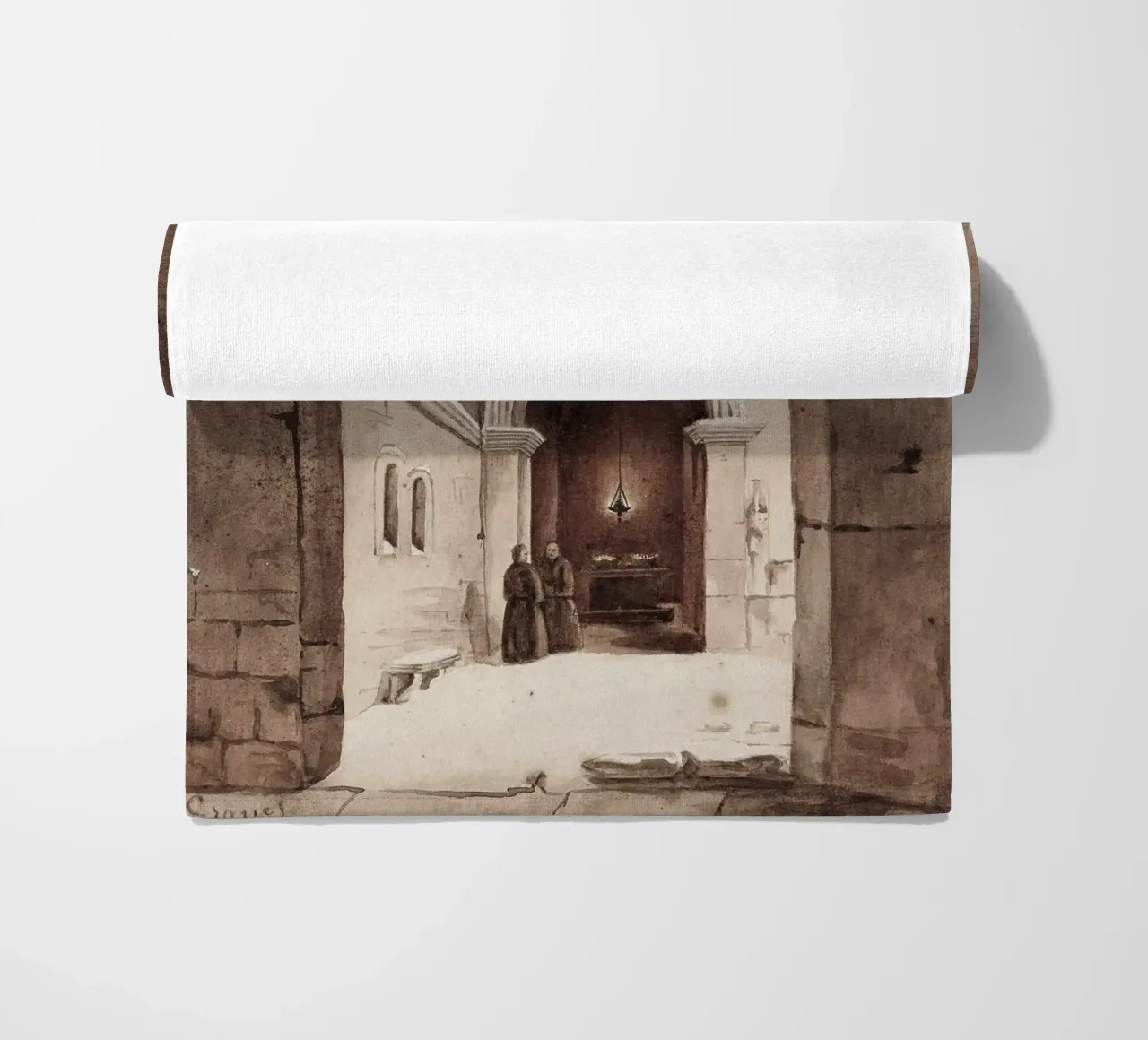 Vita monastica: Cortile ad arco con monaci che disegnano telo mare da ClubArt