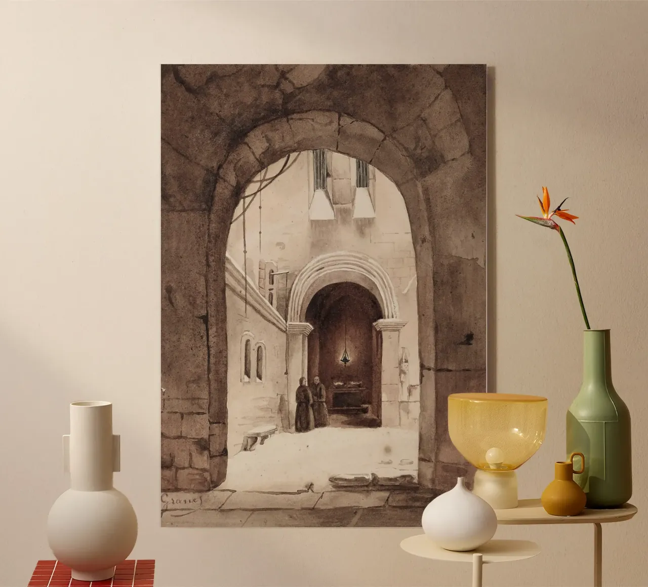Vida monástica: Patio arqueado con monjes dibujando metacrilato de ClubArt