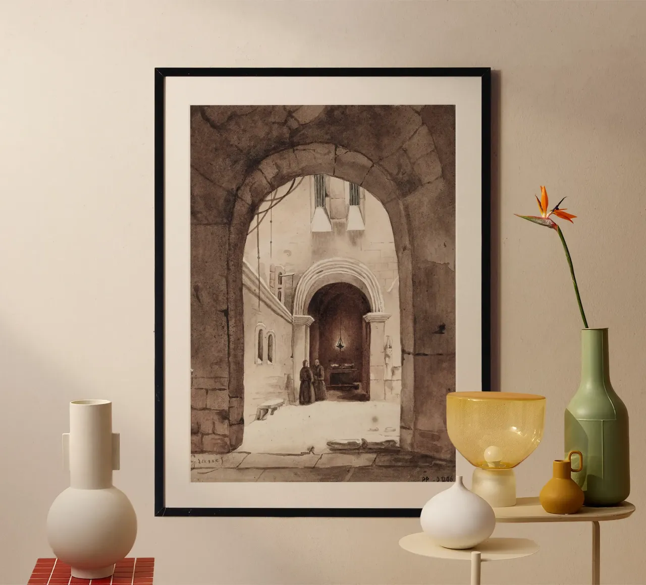 Vita monastica: Cortile ad arco con monaci che disegnano carta hahnemühle da ClubArt