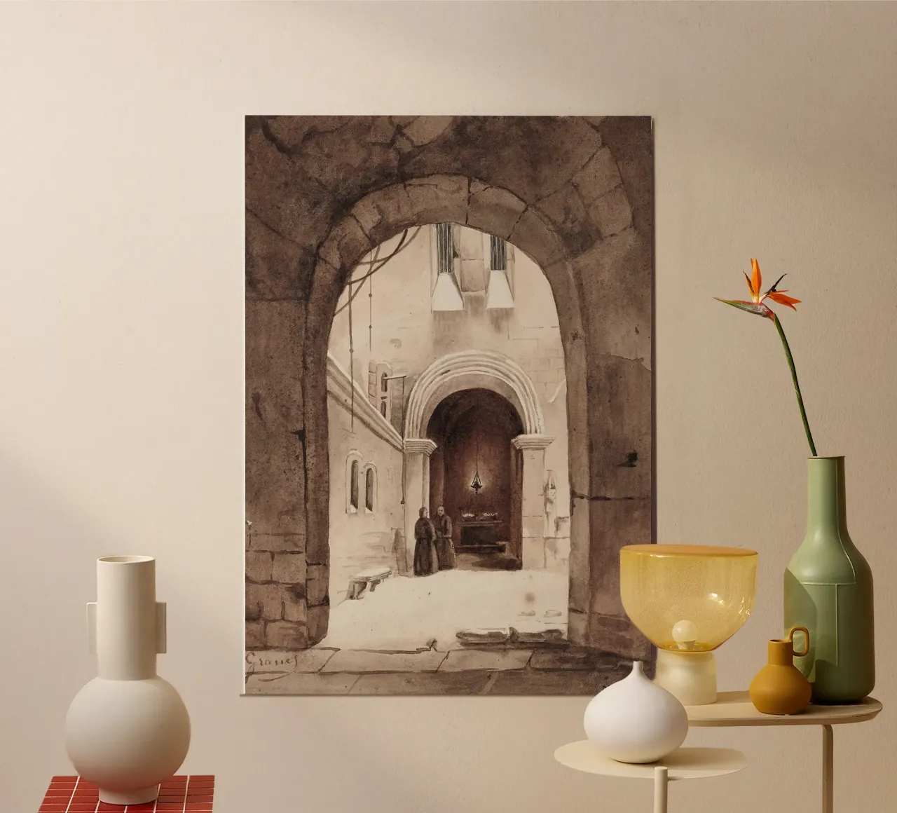 Vita monastica: Cortile ad arco con monaci che disegnano carta hahnemühle da ClubArt