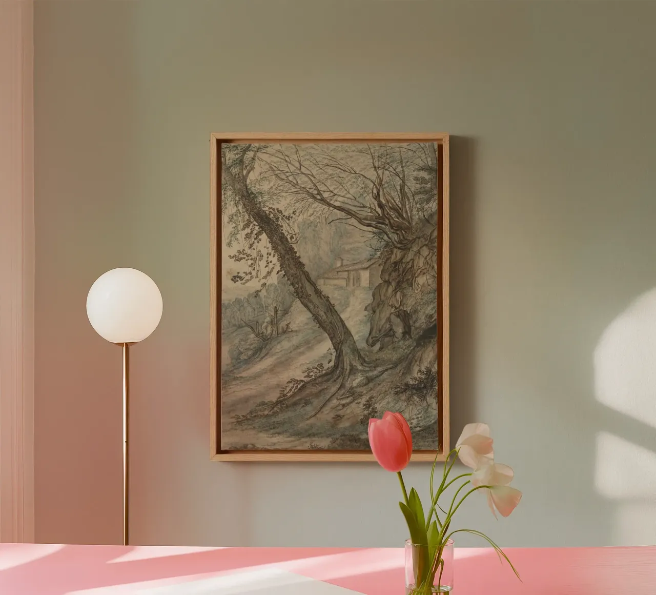 Romantic Landscape Sketch: Secluded Cottage & Twisted Trees canvas with Floater frame by ClubArt