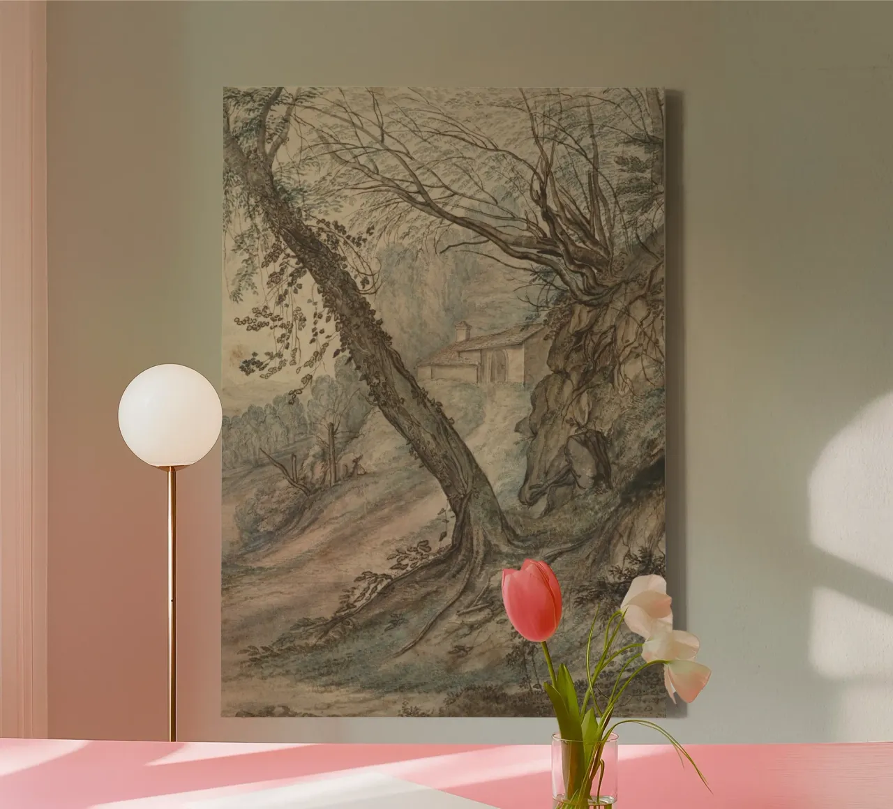 Romantic Landscape Sketch: Secluded Cottage & Twisted Trees canvas with Floater frame by ClubArt
