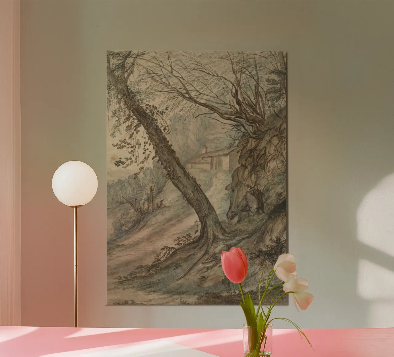 Romantic Landscape Sketch: Secluded Cottage & Twisted Trees poster with plastic frame by ClubArt