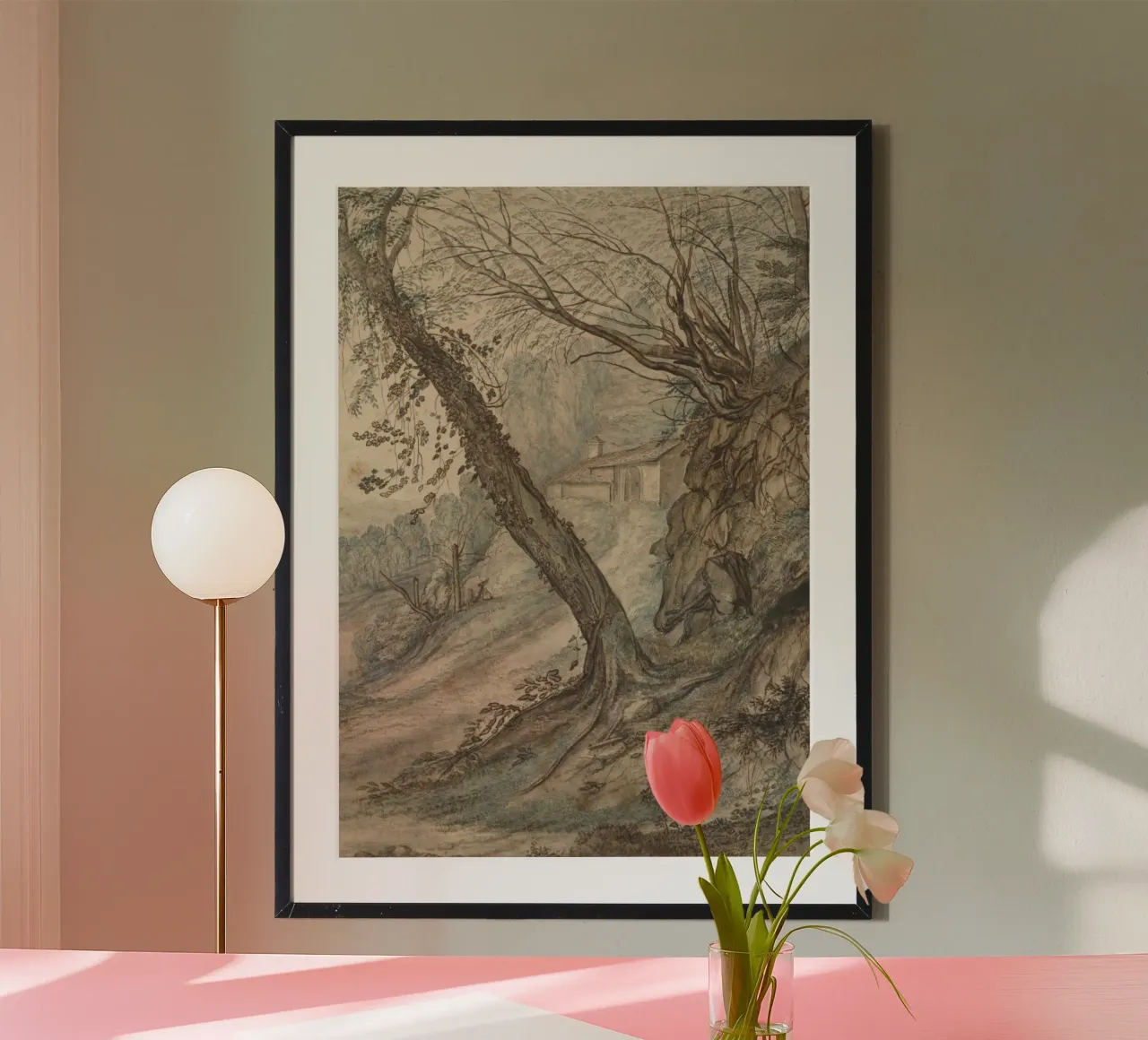Romantic Landscape Sketch: Secluded Cottage & Twisted Trees poster with plastic frame by ClubArt