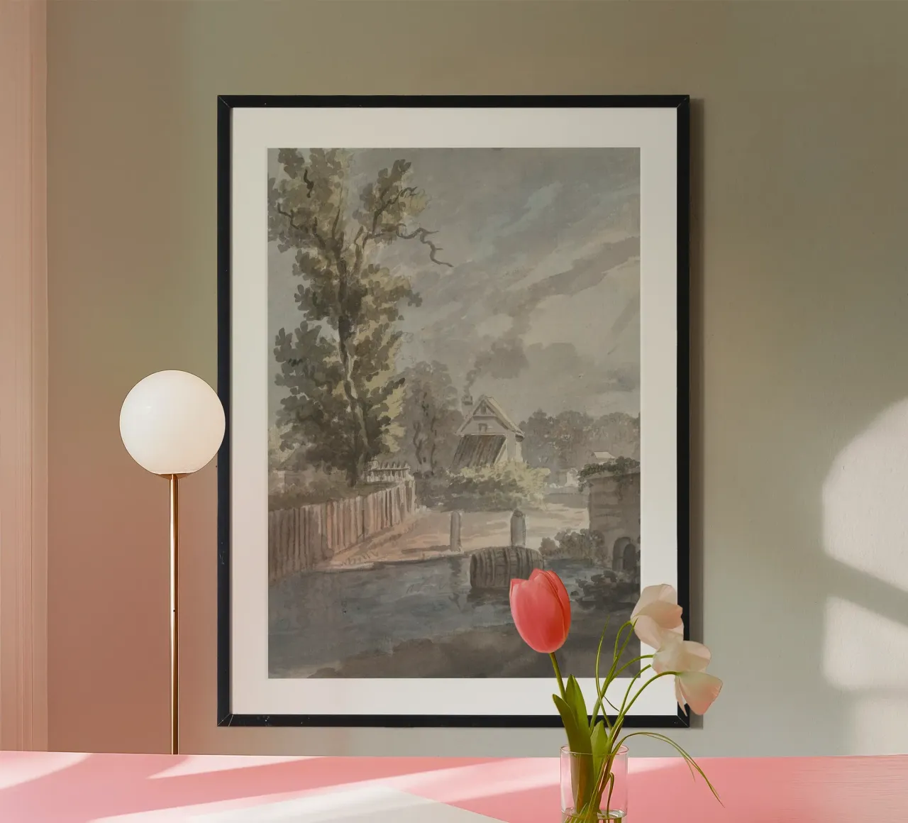 Idillio rurale: cottage sul fiume con barile galleggiante poster da ClubArt