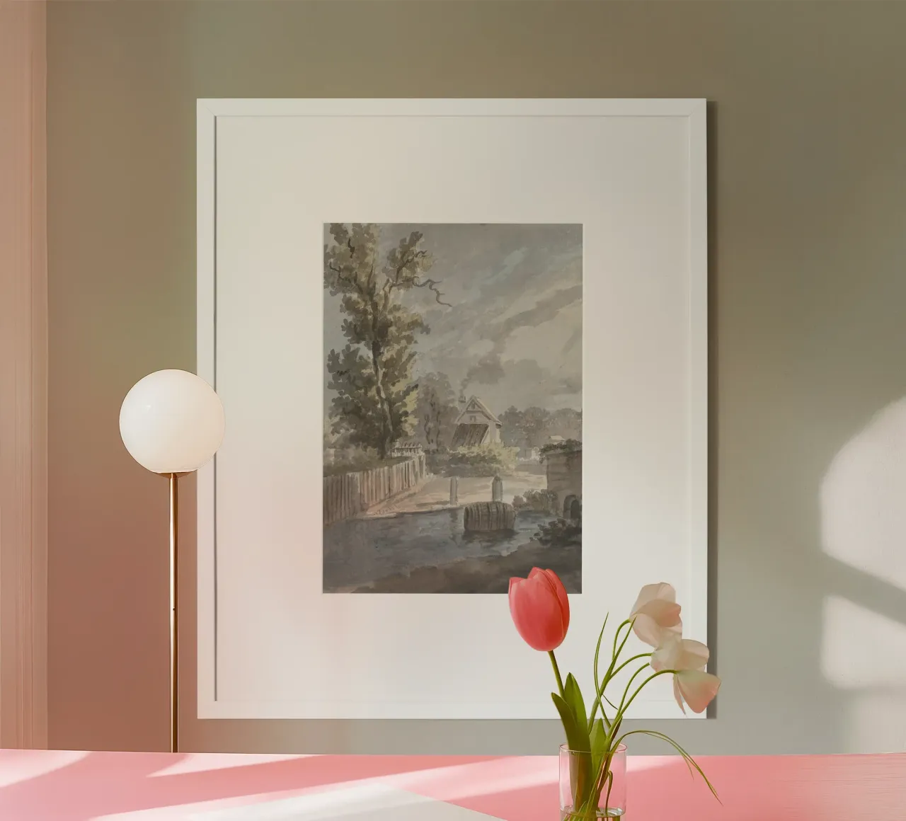 Idillio rurale: cottage sul fiume con barile galleggiante poster da ClubArt