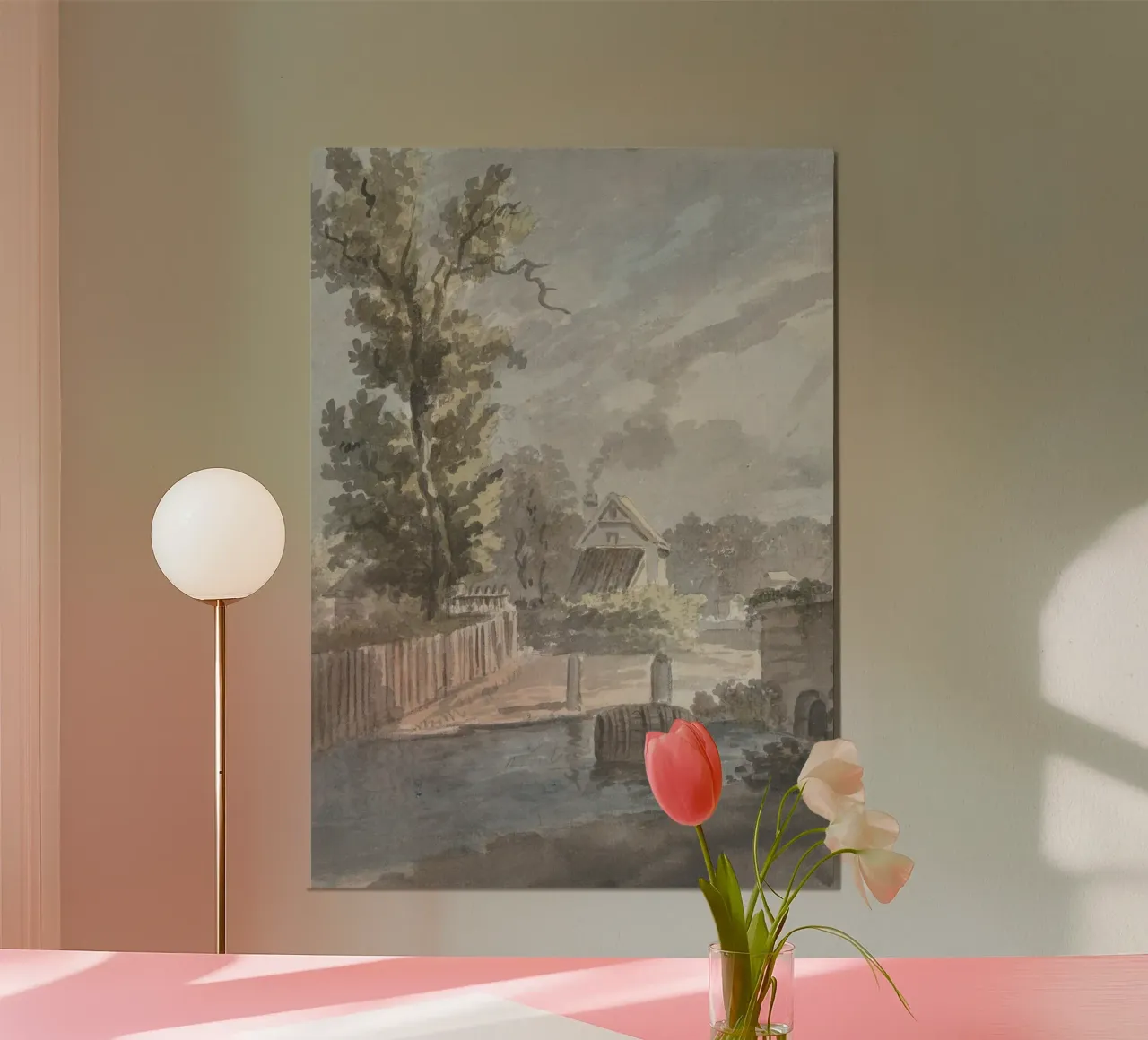 Idillio rurale: cottage sul fiume con barile galleggiante poster da ClubArt