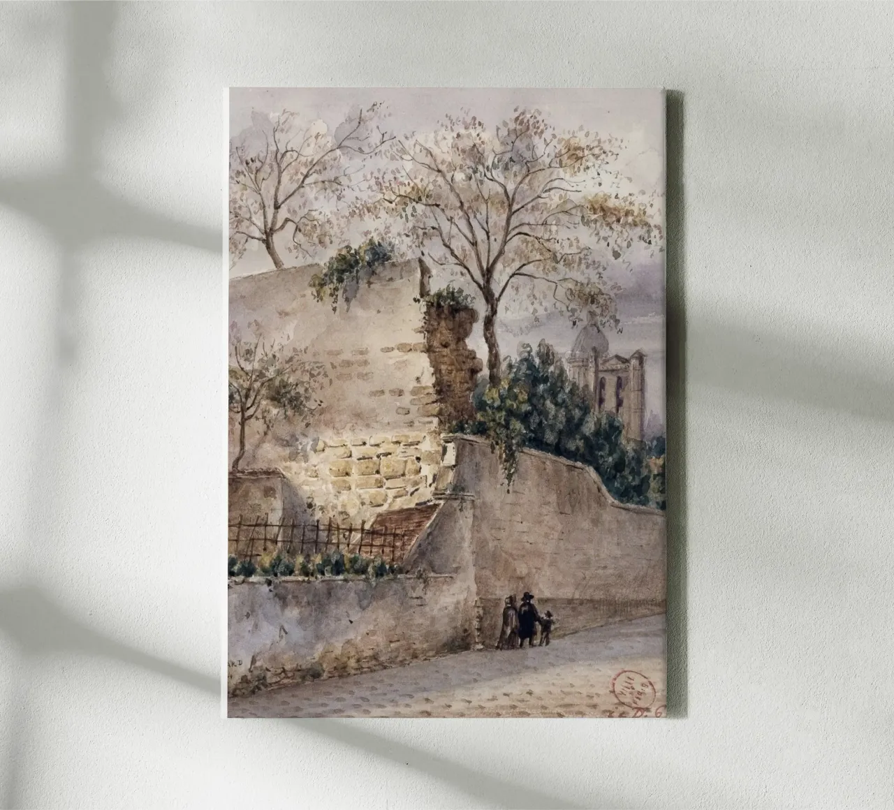 1864 Franse dorpsscène: Stenen muur & kerk in de verte canvas met Baklijst van ClubArt